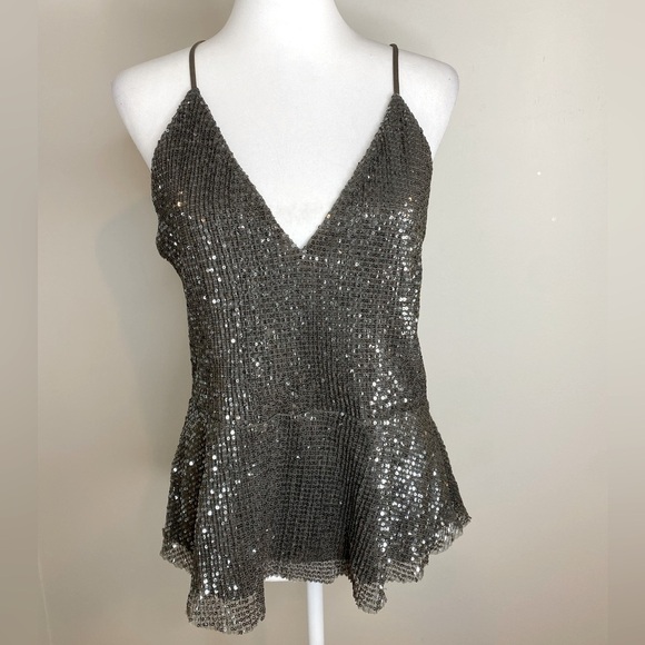 NWOT Black Gray Sequin Strap Sleeves Women's Top Tank Raw Hem Cami Size Large - Picture 1 of 8